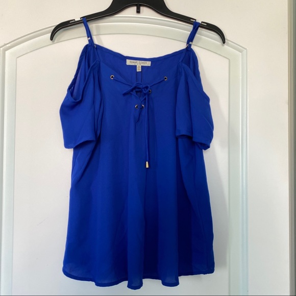 Speed Limit MPH Lace Up Chest Cold Shoulder Blue Short Sleeves Top Women Size S - Picture 2 of 7